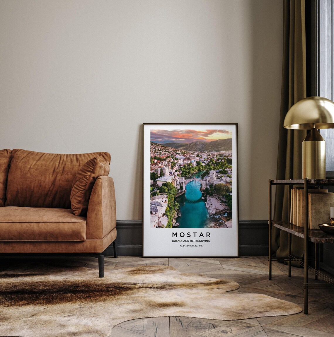 Mostar Bosnia and Herzegovina Old Bridge Sunset Aerial Travel Poster - Image 3
