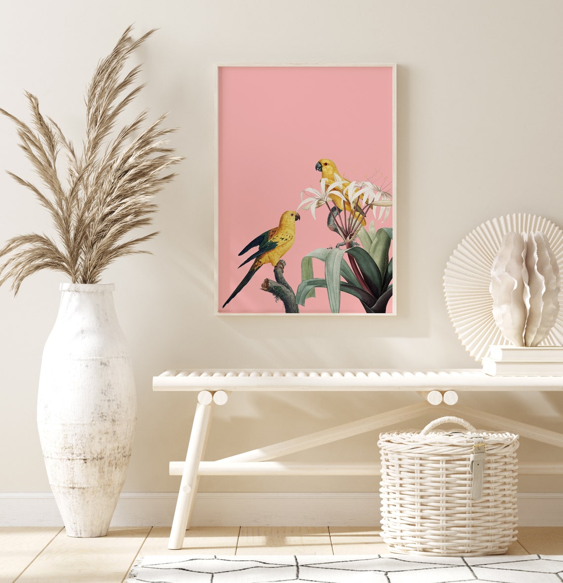 Vintage Yellow Parrots with White Flowers on Pink Art Poster - Image 3
