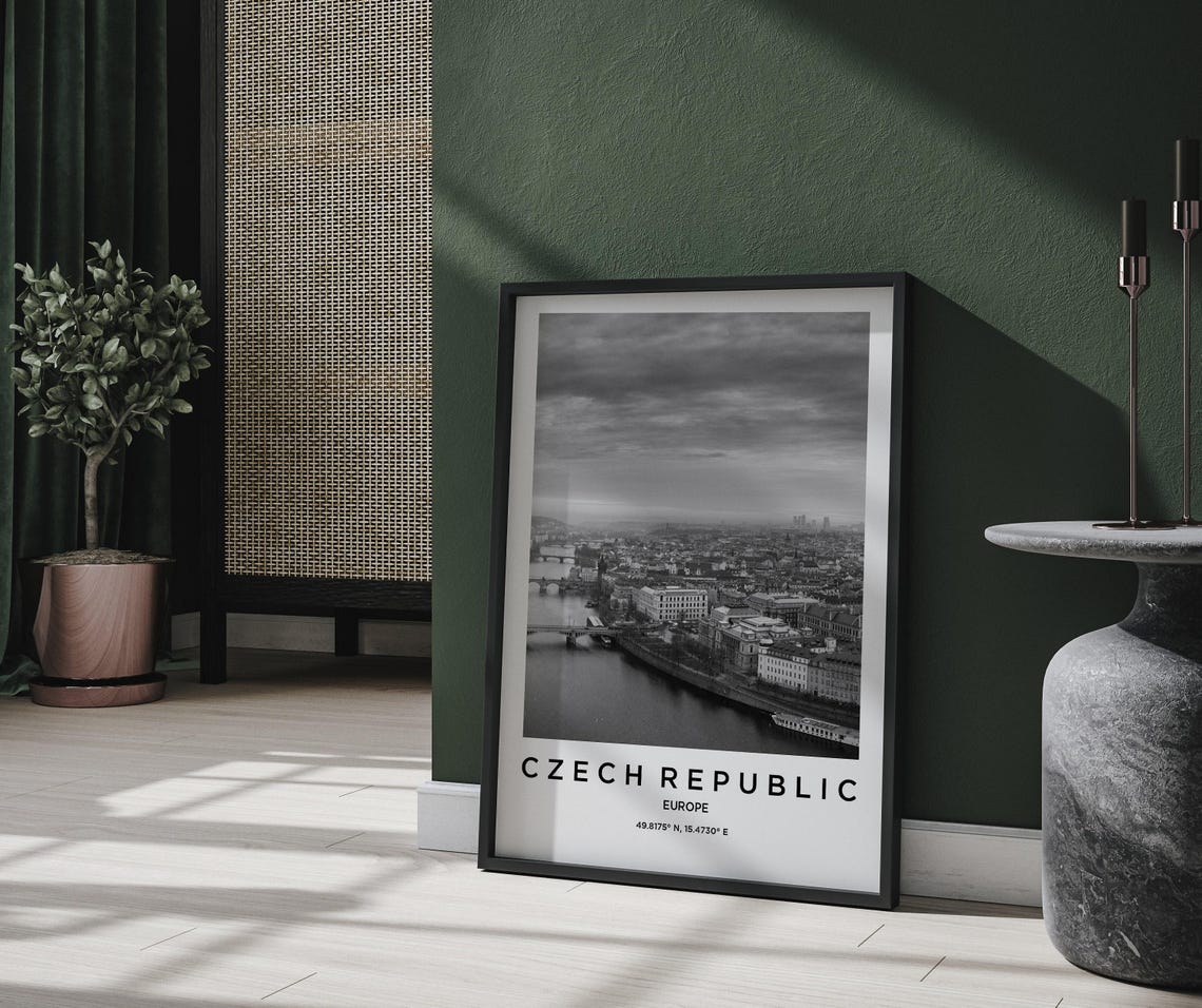 Czech Republic Europe River City Skyline Black White Art Poster - Image 2