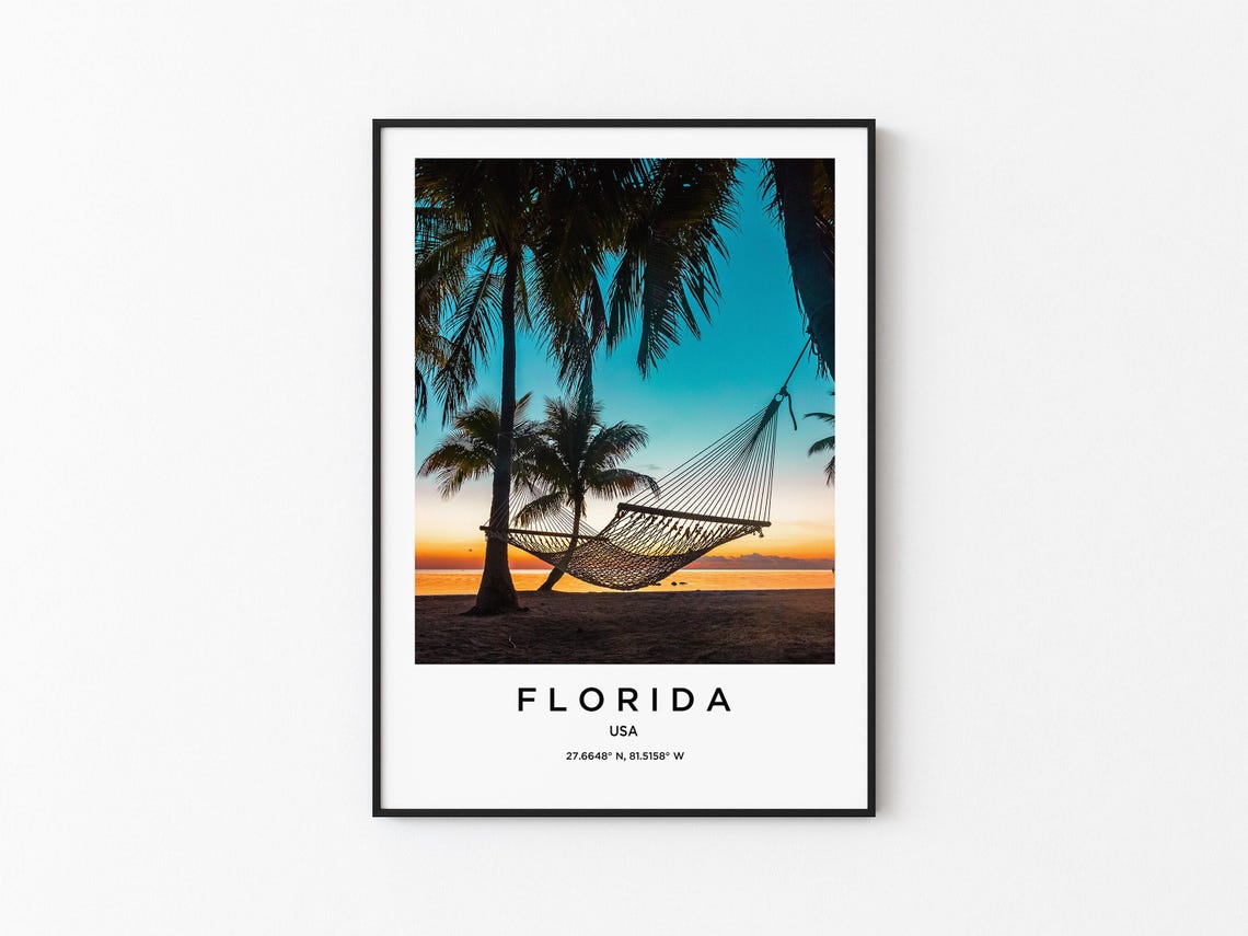 Florida Beach Hammock Between Palm Trees Sunset Travel Poster