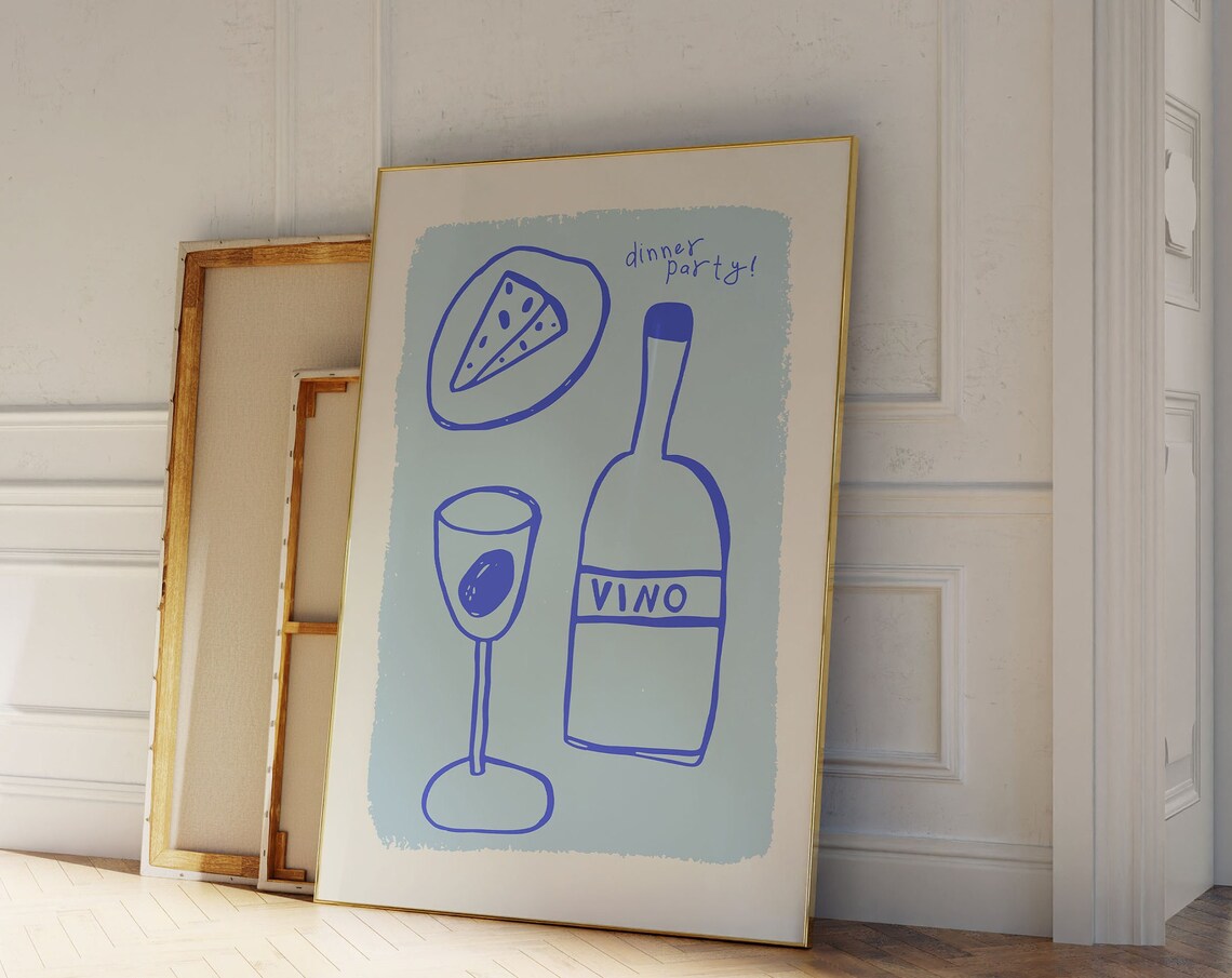 Dinner Party Vino Wine And Cheese Blue Line Art Kitchen Wall Poster
