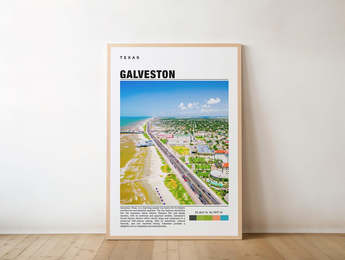Galveston Texas Aerial Beach Cityscape Gulf Coast Travel Poster
