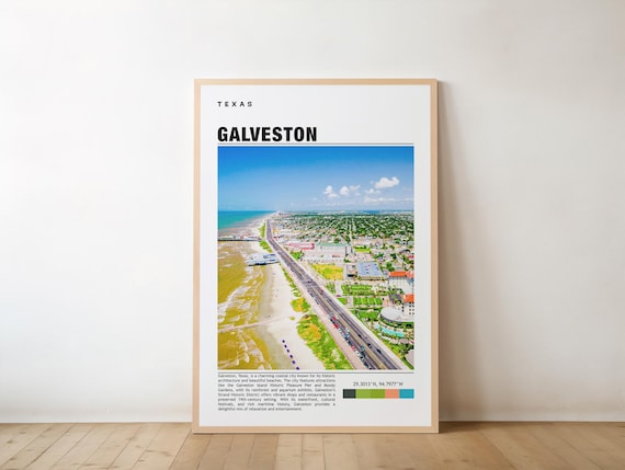 Galveston Texas Aerial Beach Cityscape Gulf Coast Travel Poster