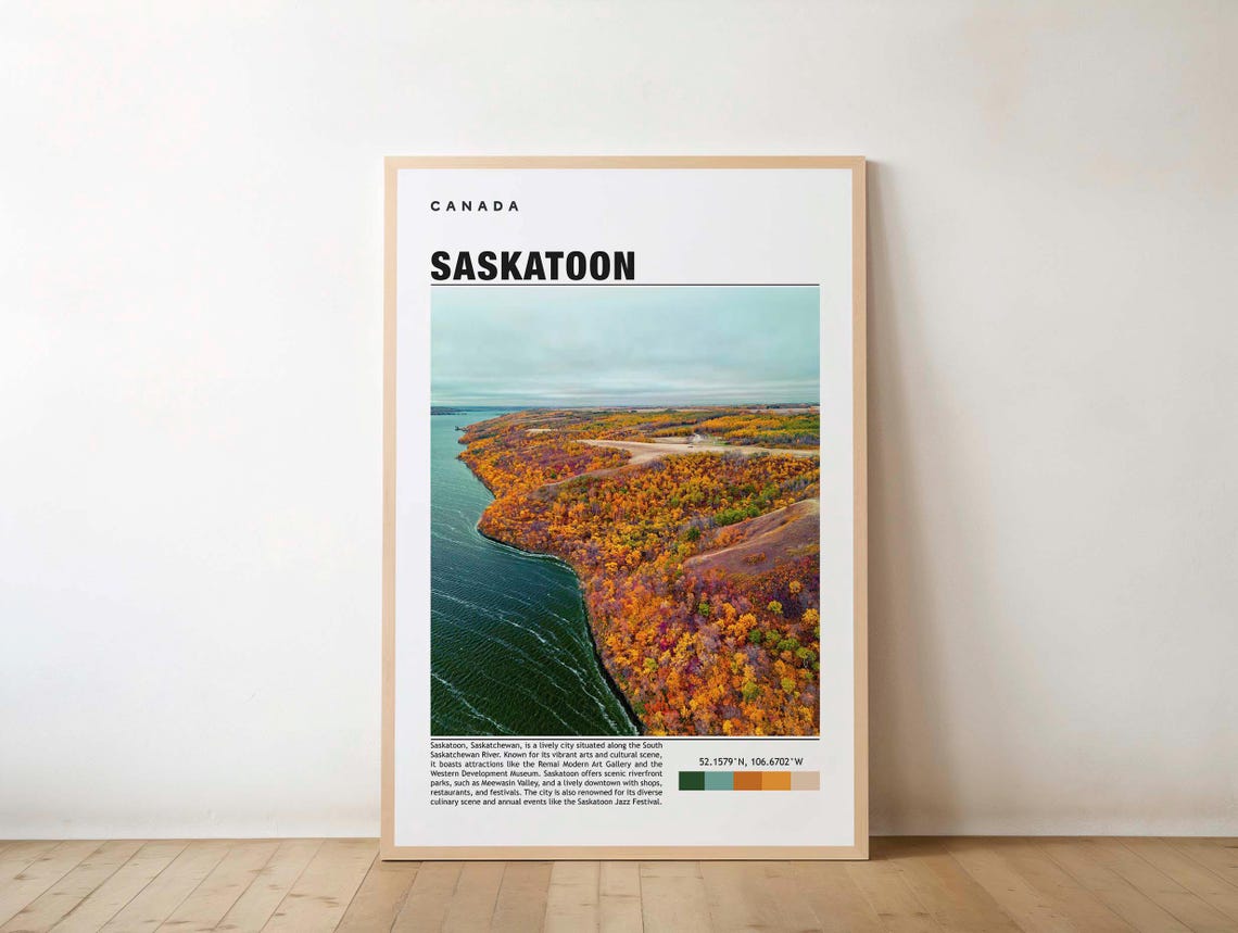 Saskatoon Canada Autumn River Bend Aerial Fall Colors Travel Poster