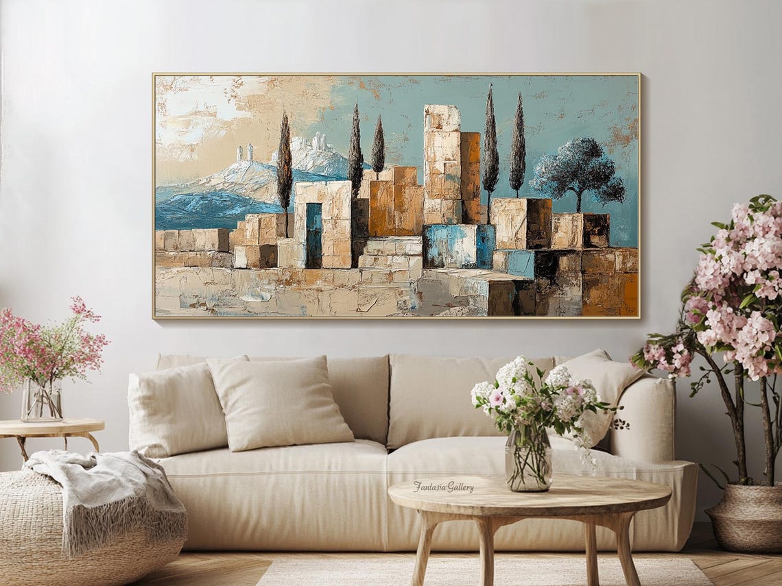 Abstract Tuscan Stone Village With Cypress Textured Wall Art Print - Image 2