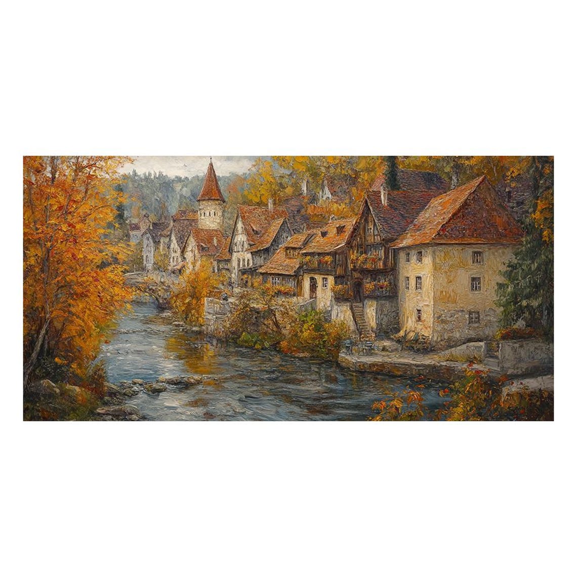 Village Landscape Oil Painting On Original Autumn River Scene Handcrafted Wall Art For Living Room Vintage Wall Art Antique Painting - Image 3