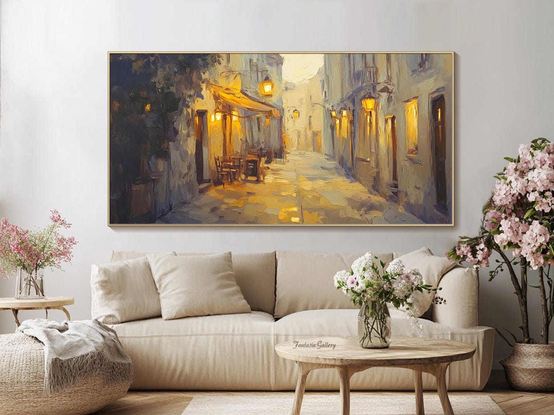 Evening Old Town Street With Glowing Lanterns And Cafes Wall Art - Image 2