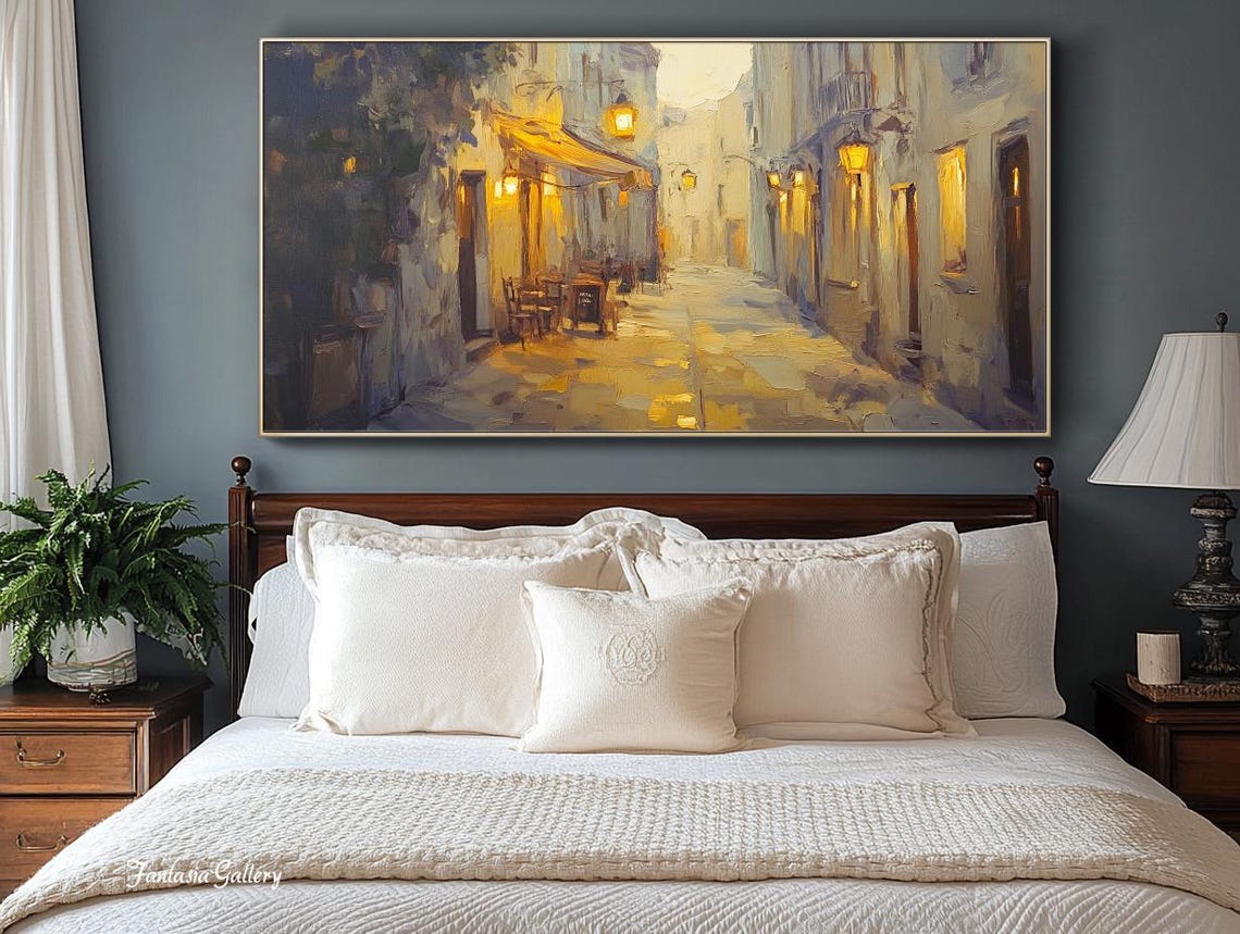 Evening Old Town Street With Glowing Lanterns And Cafes Wall Art - Image 3