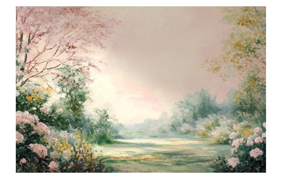Spring Garden Blooming Trees Pink Blossoms Landscape Oil Painting Art - Image 4