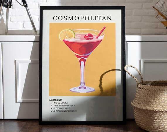 Cosmopolitan Cocktail Recipe Art Poster Mustard Yellow Bar Decor