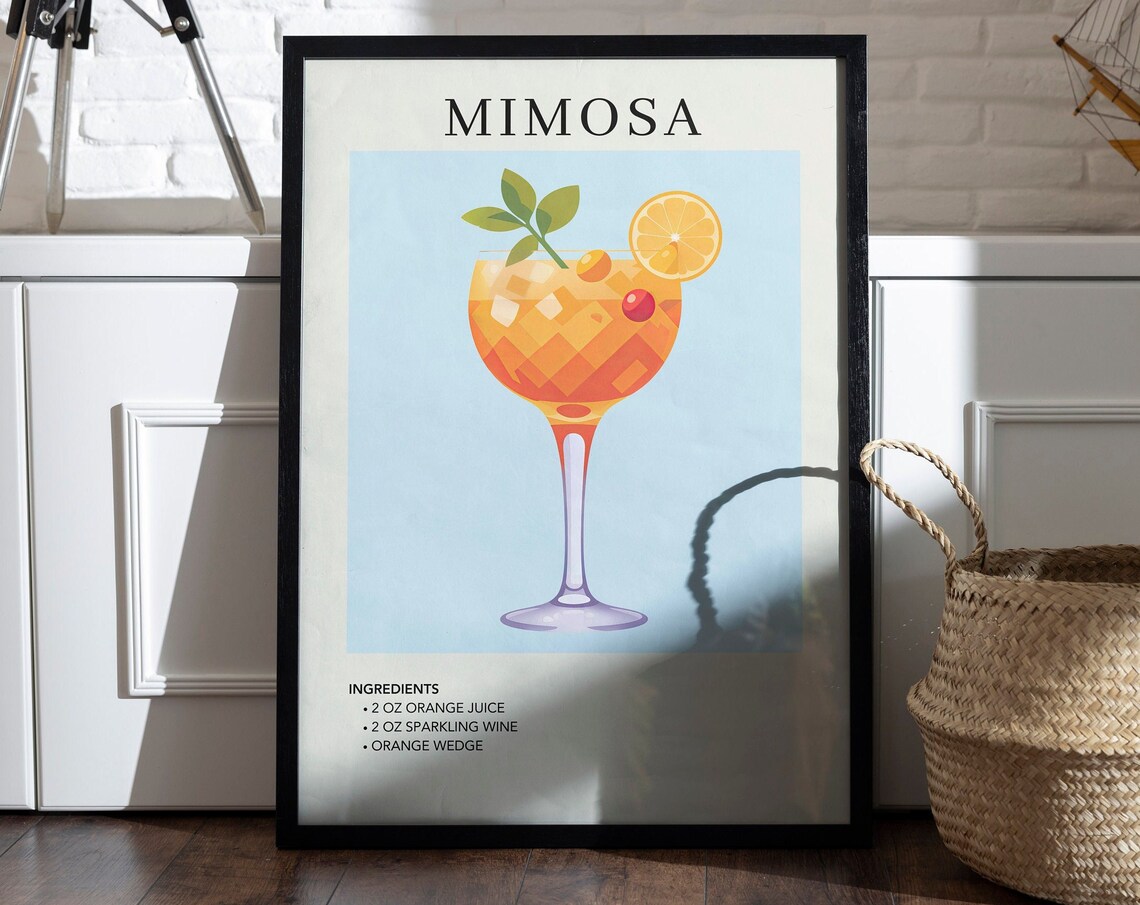 Mimosa Cocktail Poster, Watercolor Retro Bar Art