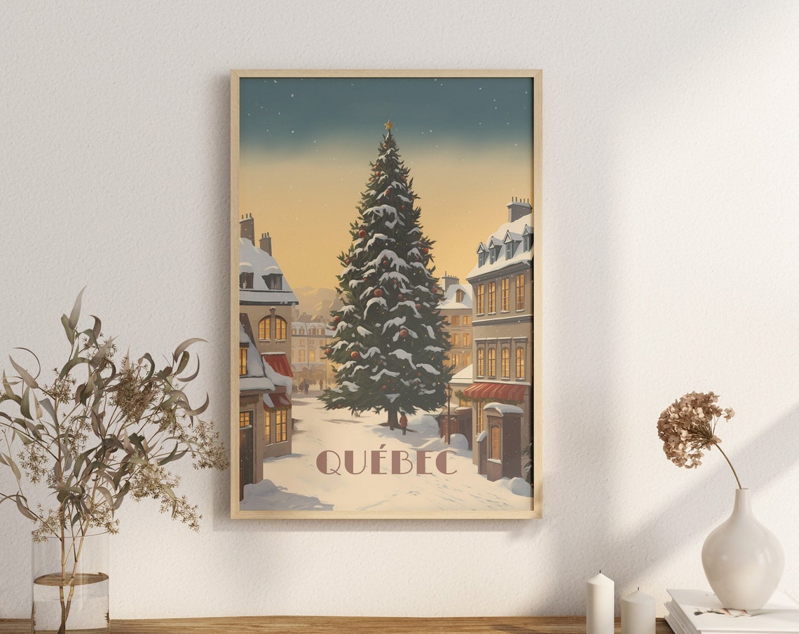 Québec Snowy Old Town Square Christmas Tree Festive Travel Poster