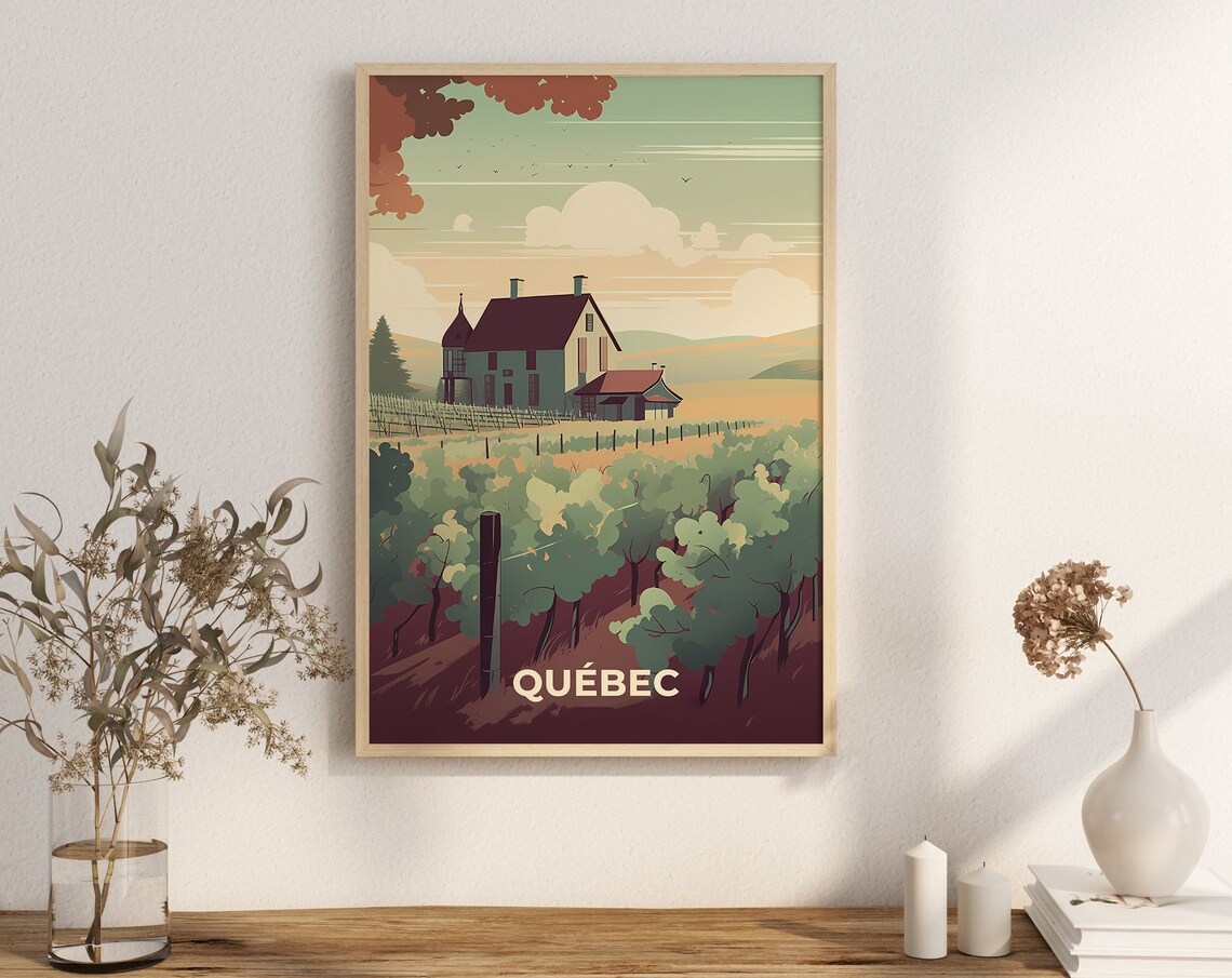 Quebec Vineyard Wine Farmhouse Countryside Vintage Travel Poster