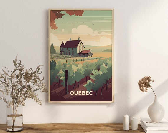 Quebec Vineyard Wine Farmhouse Countryside Vintage Travel Poster