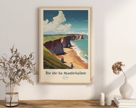Île de la Madeleine Quebec Red Cliffs Beach Vintage Travel Poster