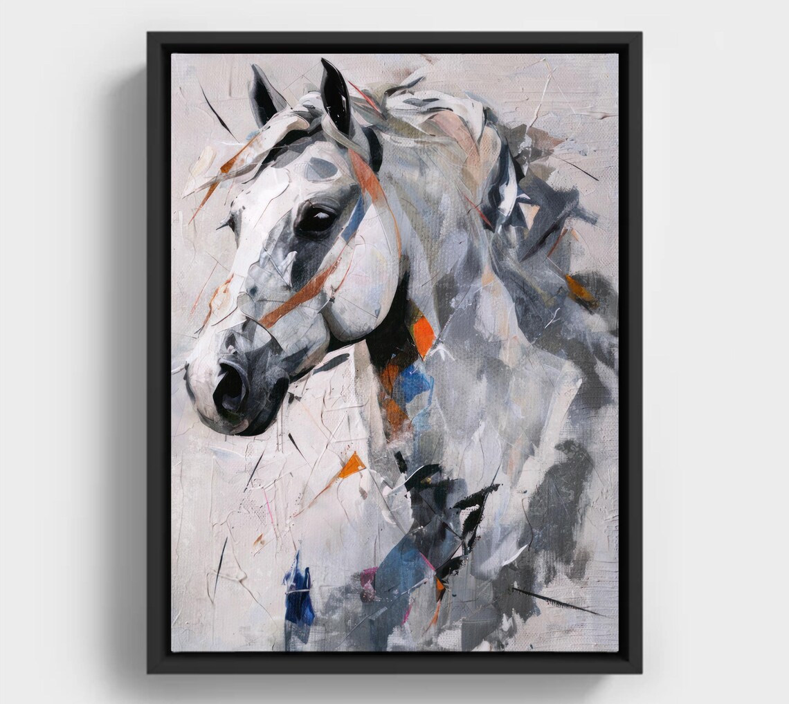 White Horse Abstract Neutral Rust Blue Equestrian Painting Art Poster