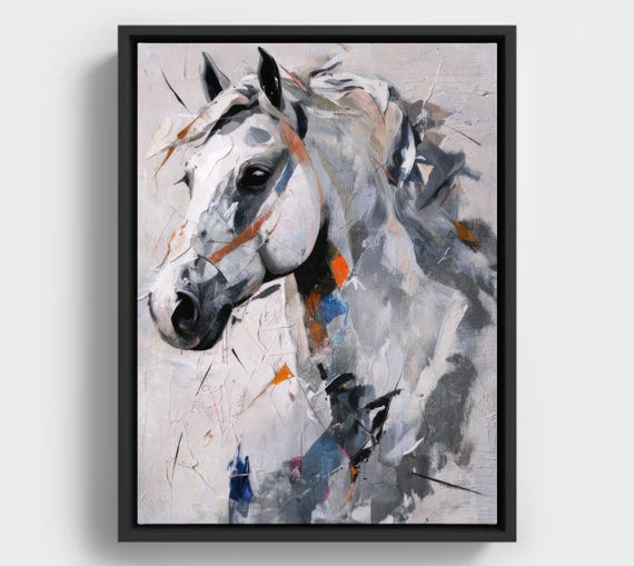 White Horse Abstract Painting Neutral Equestrian Wall Art
