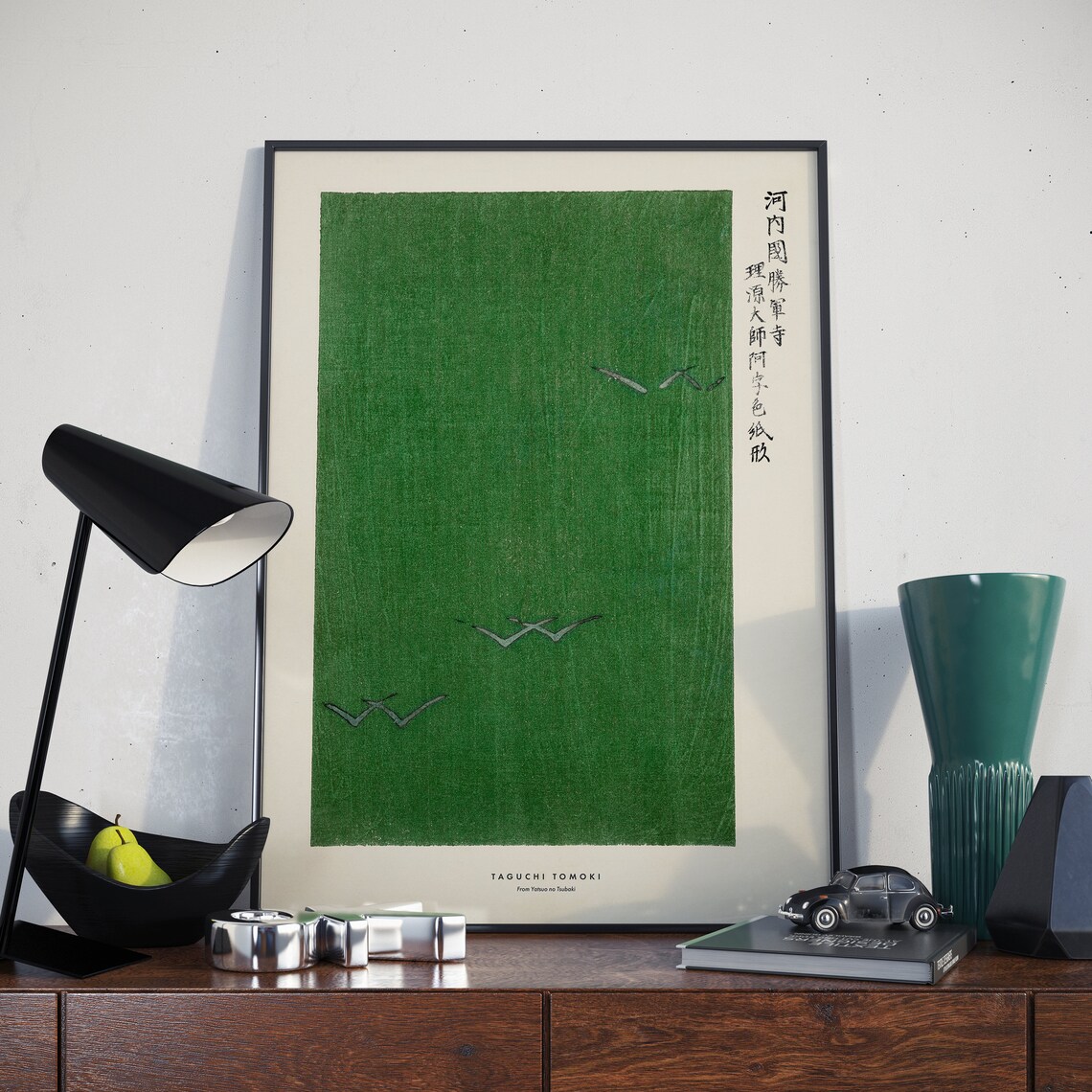 Vintage Japanese Woodblock Seagull Print By Taguchi Tomoki Wall Art Decor Green Retro Abstract Pattern Ukiyoe Japandi