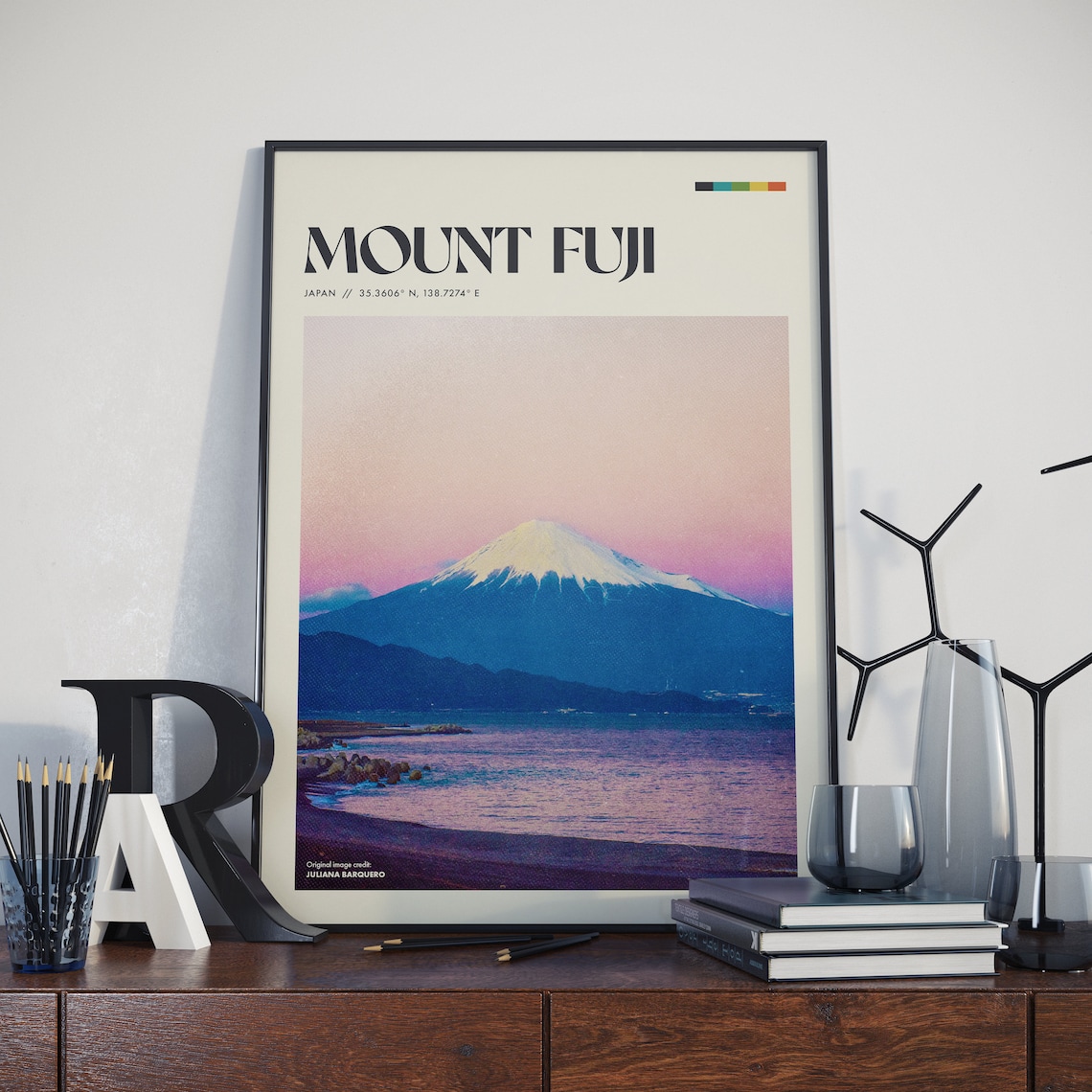 Mount Fuji Japan Retro Travel Photography Poster Pink Sunset View