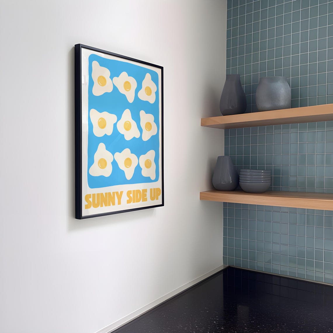 Sunny Side Up Nine Fried Eggs on Blue Retro Kitchen Breakfast Poster - Image 2