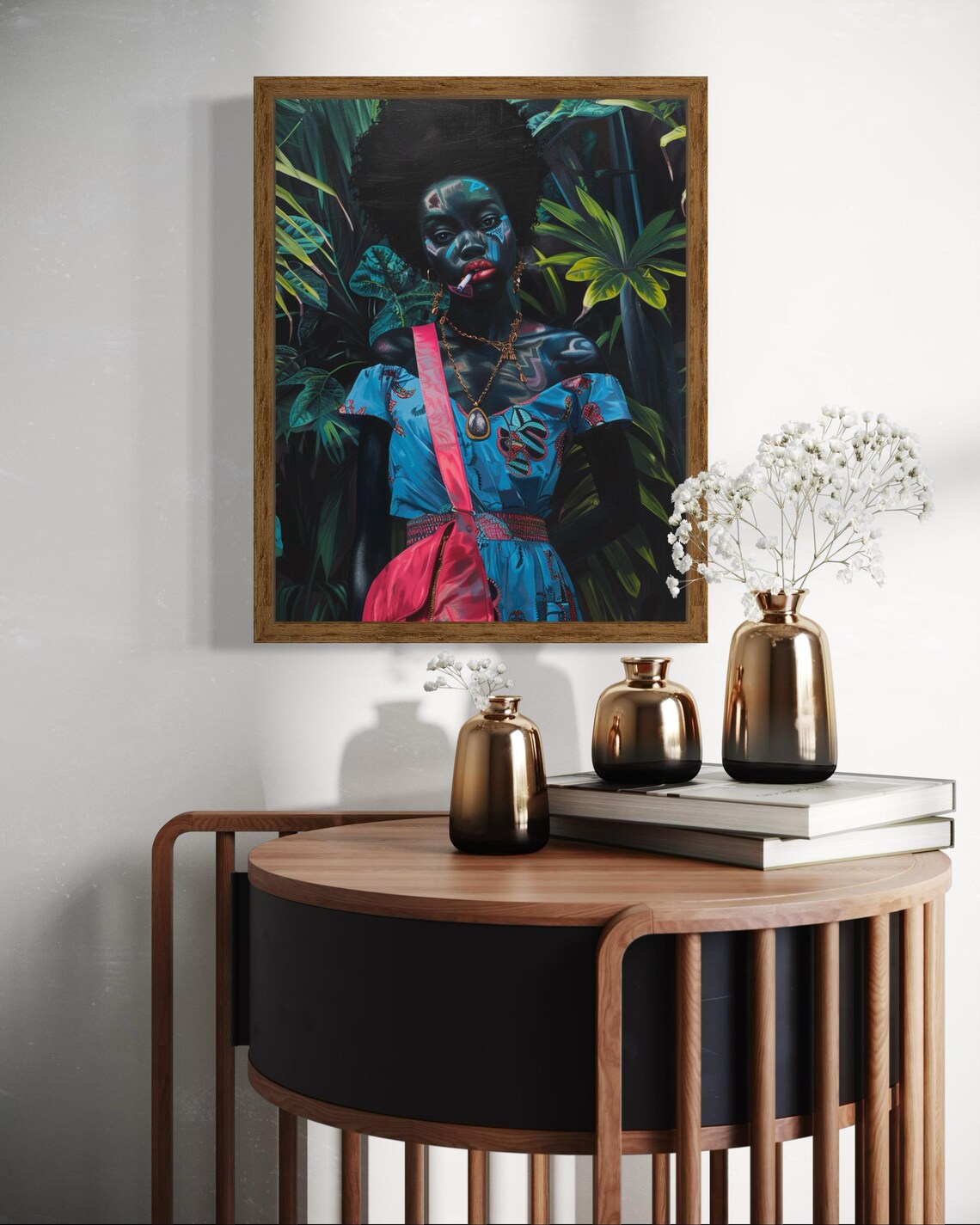 Moody Black Woman in Blue Dress With Pink Sash Jungle Art Poster - Image 3