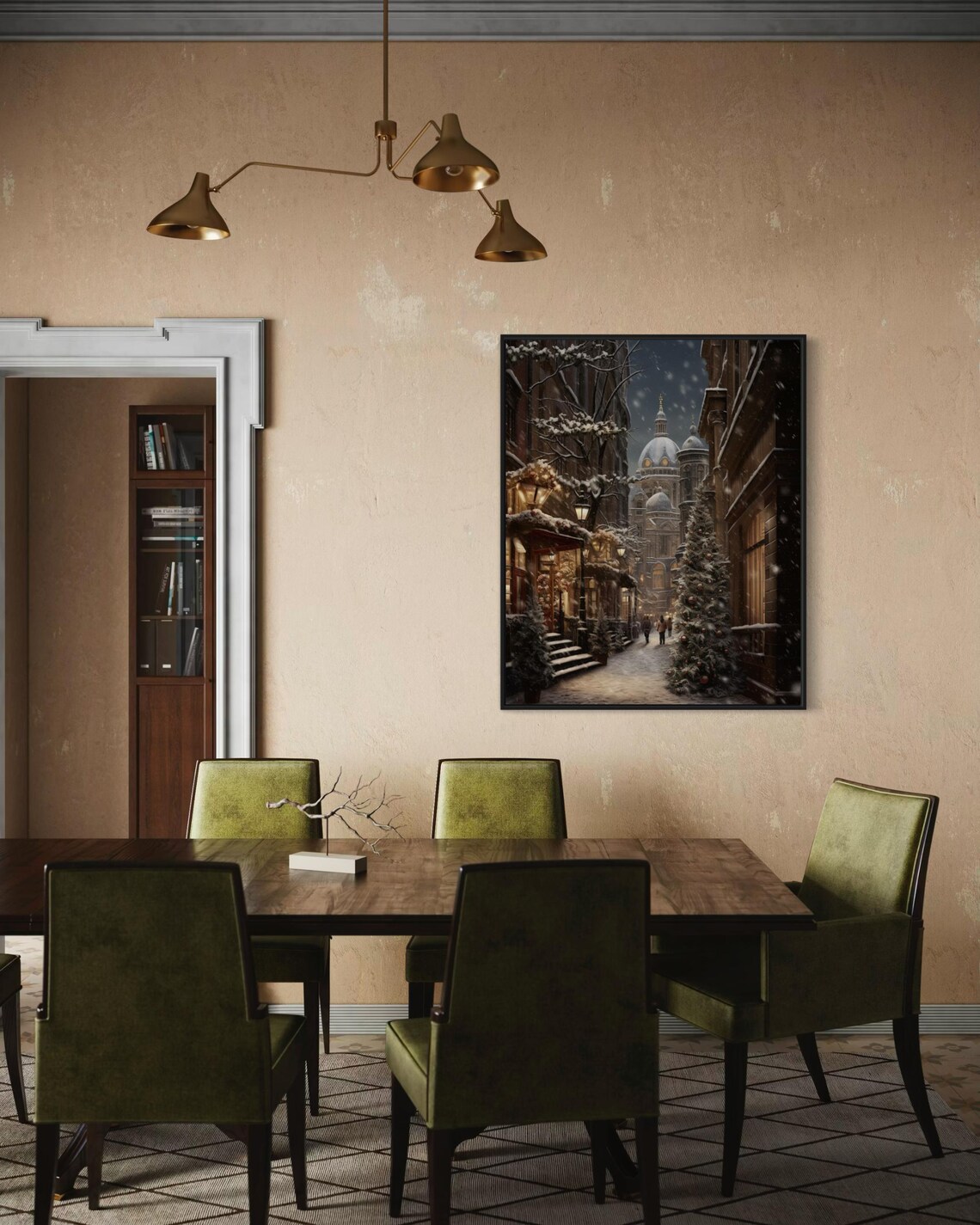 Snowy European Old Town Street Cathedral Christmas Night Scene Poster - Image 5