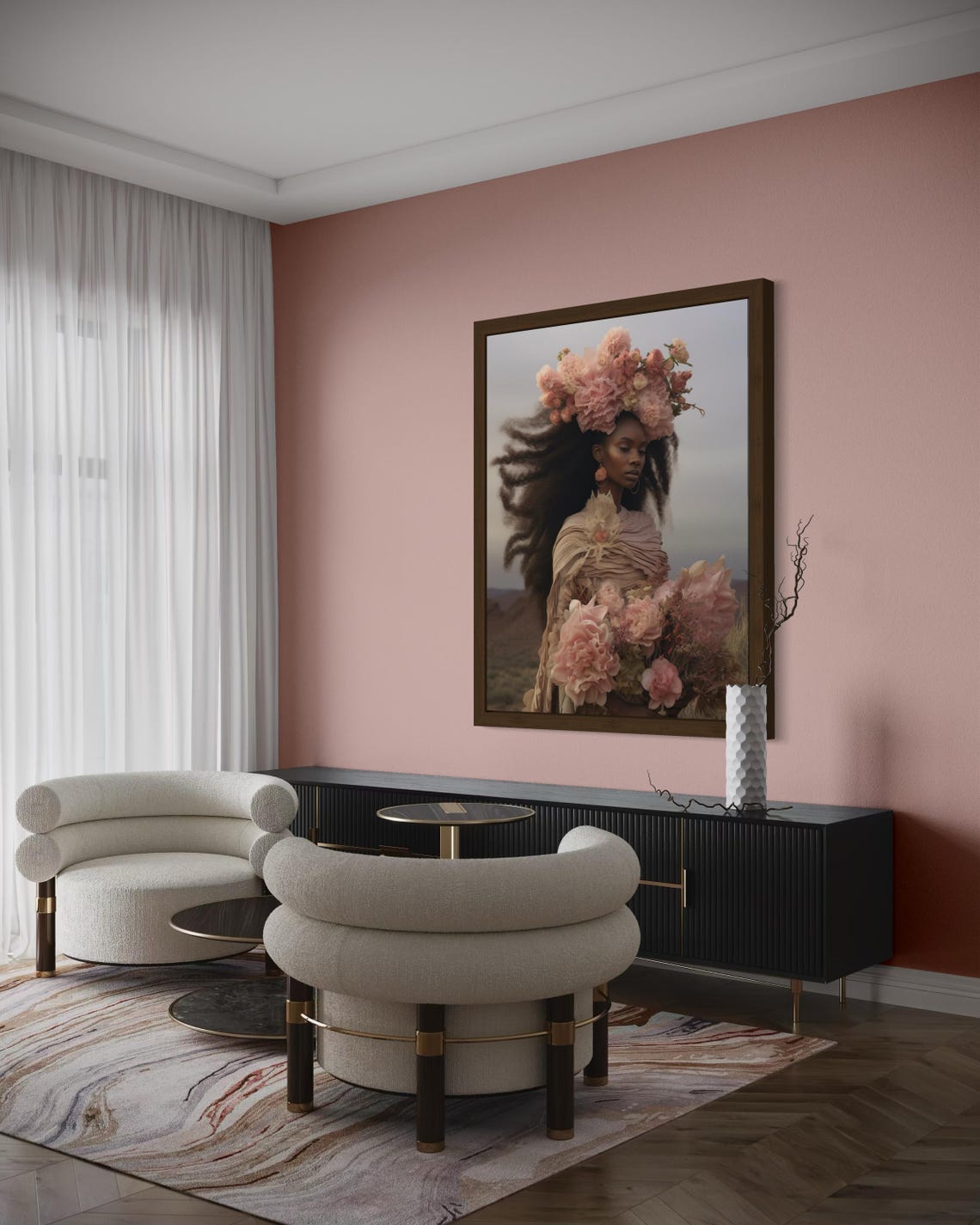 Black Woman With Pink Flower Crown Holding Bouquet Afro Art Print - Image 4