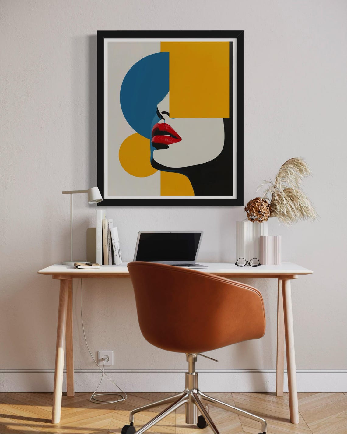 Geometric Woman Profile Portrait Teal Yellow Red Lips Wall Art - Image 6