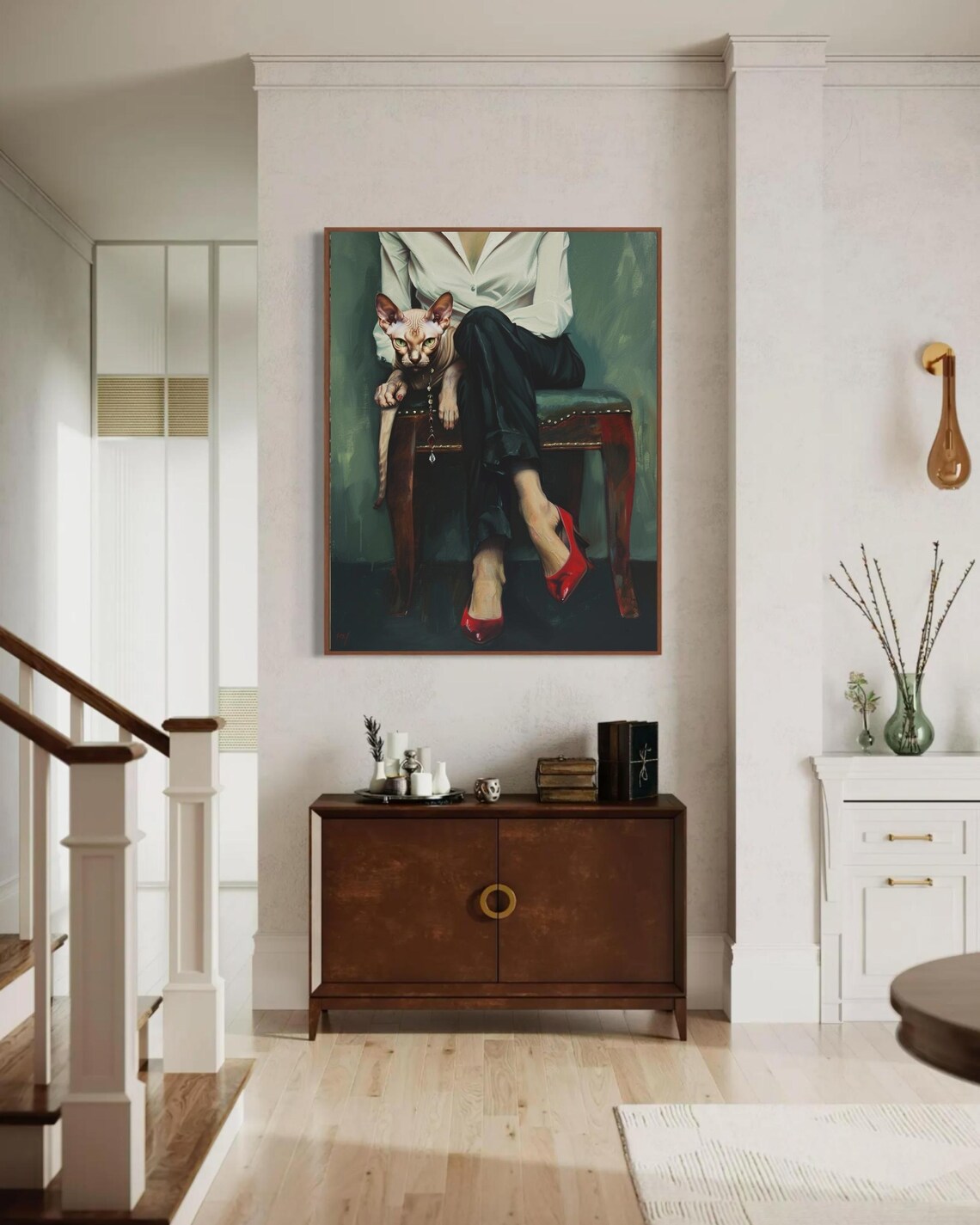Elegant Woman Red Heels Sphynx Cat Modern Glam Portrait Art Print - Image 5