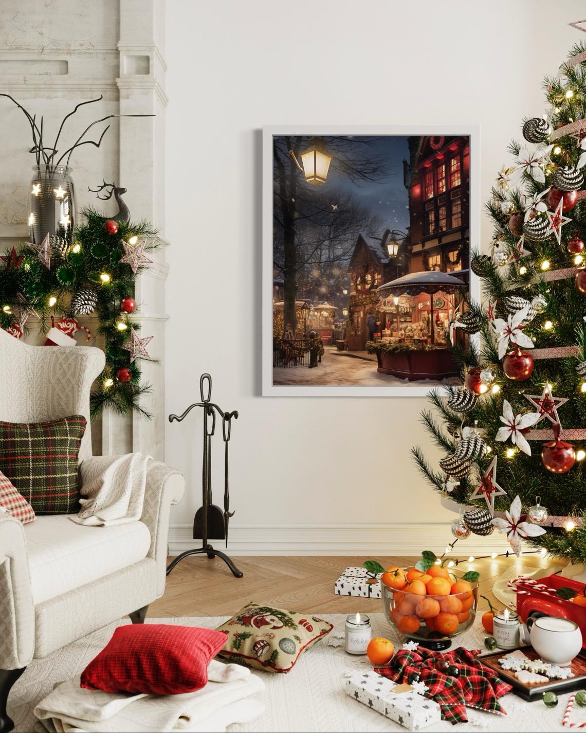 Victorian Christmas Market Snowy Street Night Festive Wall Art - Image 2