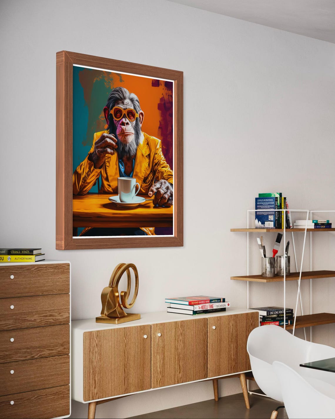 Chimpanzee In Orange Suit And Sunglasses Drinking Coffee Poster - Image 4