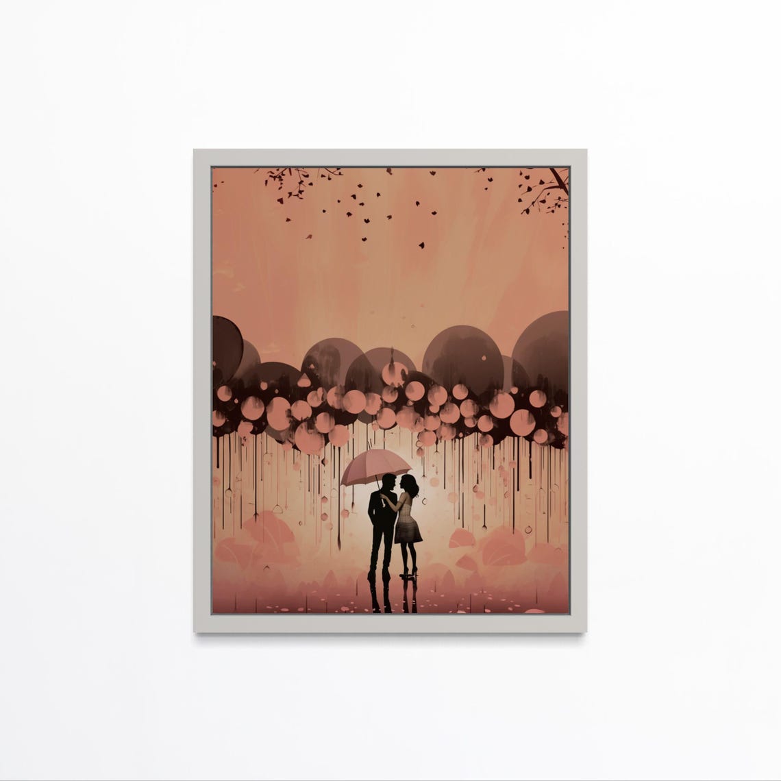 Couple Pink Umbrella Rain Silhouette Soft Romance Art Poster