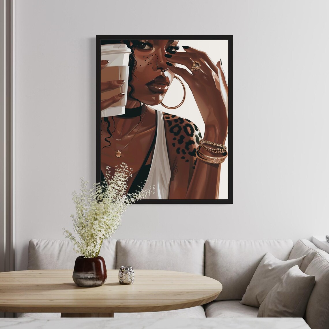 Black Woman Holding Coffee Cup Leopard Spots Glamour Art Poster - Image 6