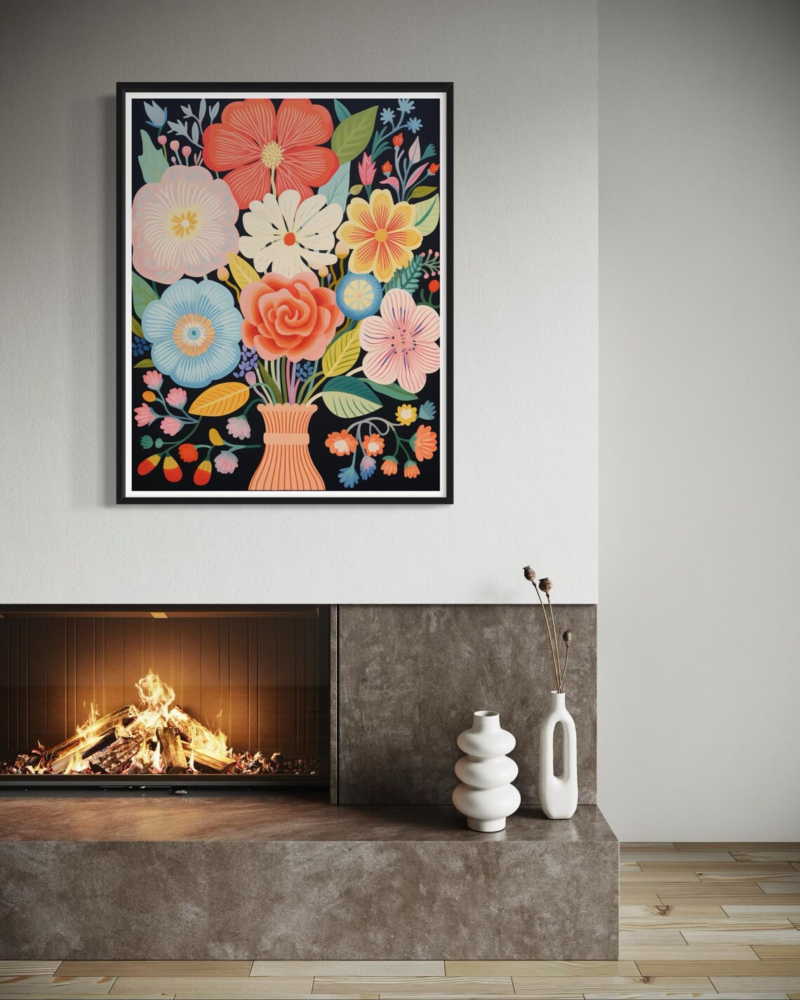 Coral And Blue Flower Bouquet In Vase On Black Botanical Poster - Image 6
