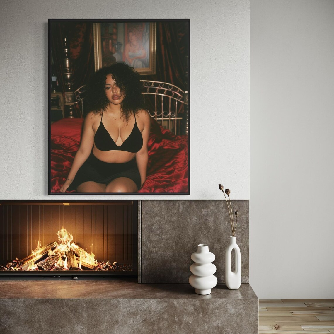 Boudoir Photo Woman Black Lingerie Red Satin Bedroom Art Poster - Image 2