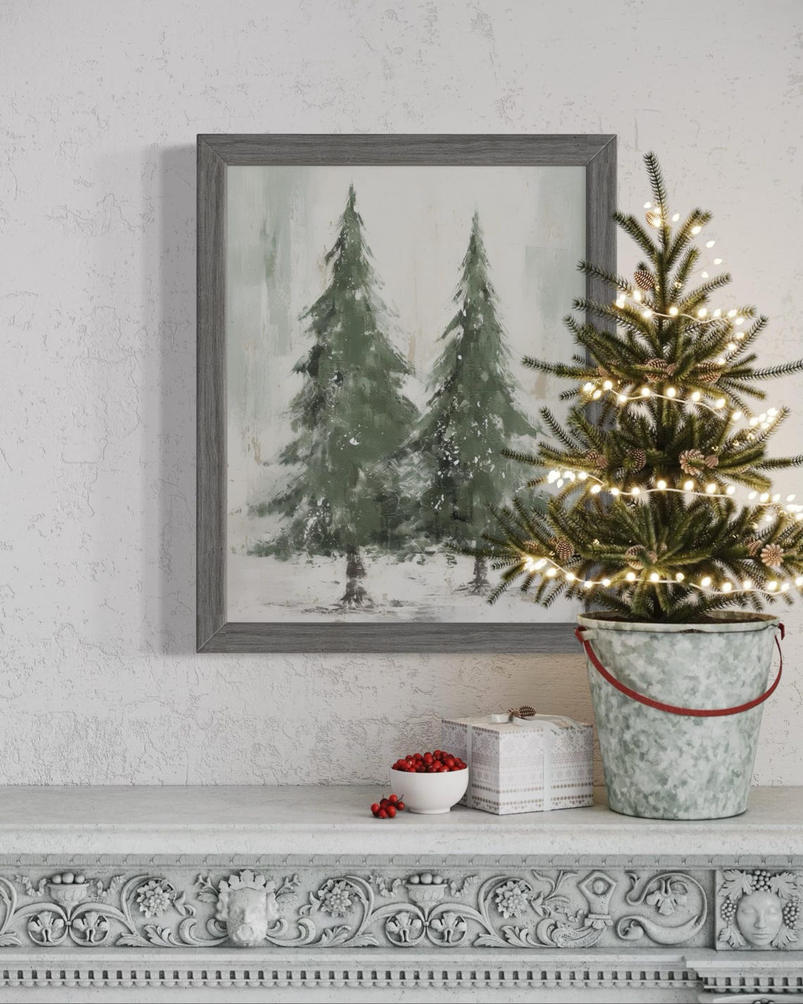 Two Snowy Evergreen Christmas Trees Rustic Winter Forest Poster - Image 3