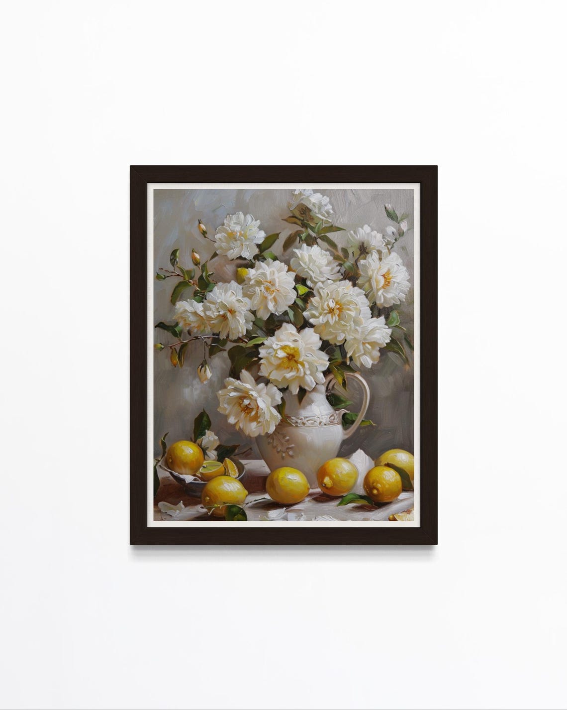 White Peonies Pitcher Fresh Lemons Vintage Still Life Wall Art
