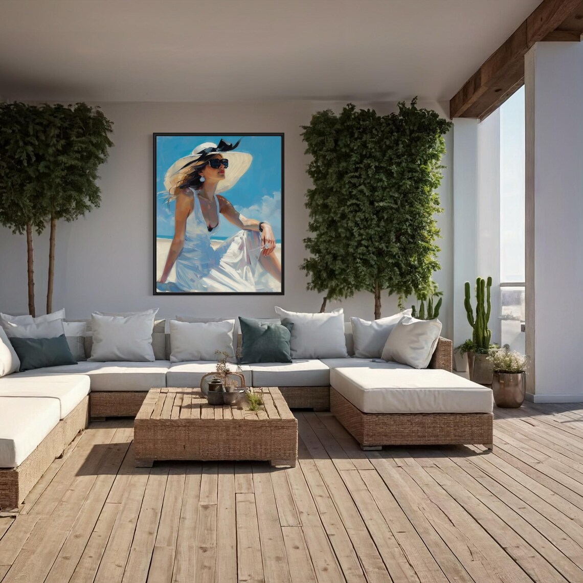 Elegant Woman in White Dress and Straw Hat on Beach Art Poster - Image 6