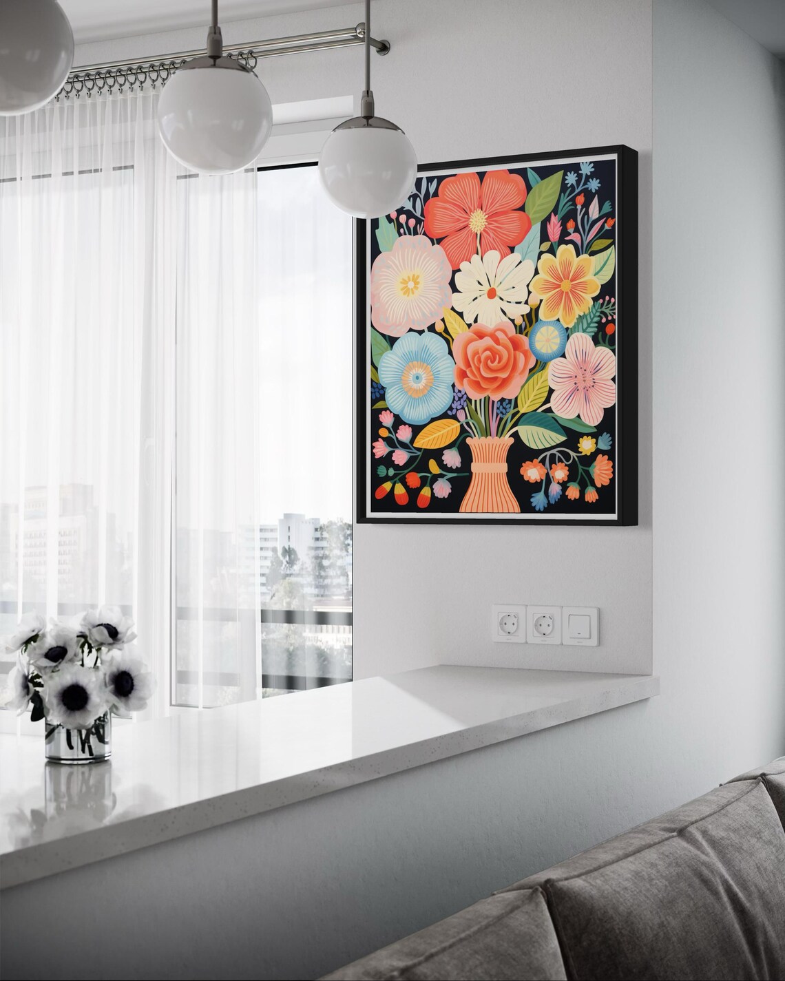 Coral And Blue Flower Bouquet In Vase On Black Botanical Poster - Image 5
