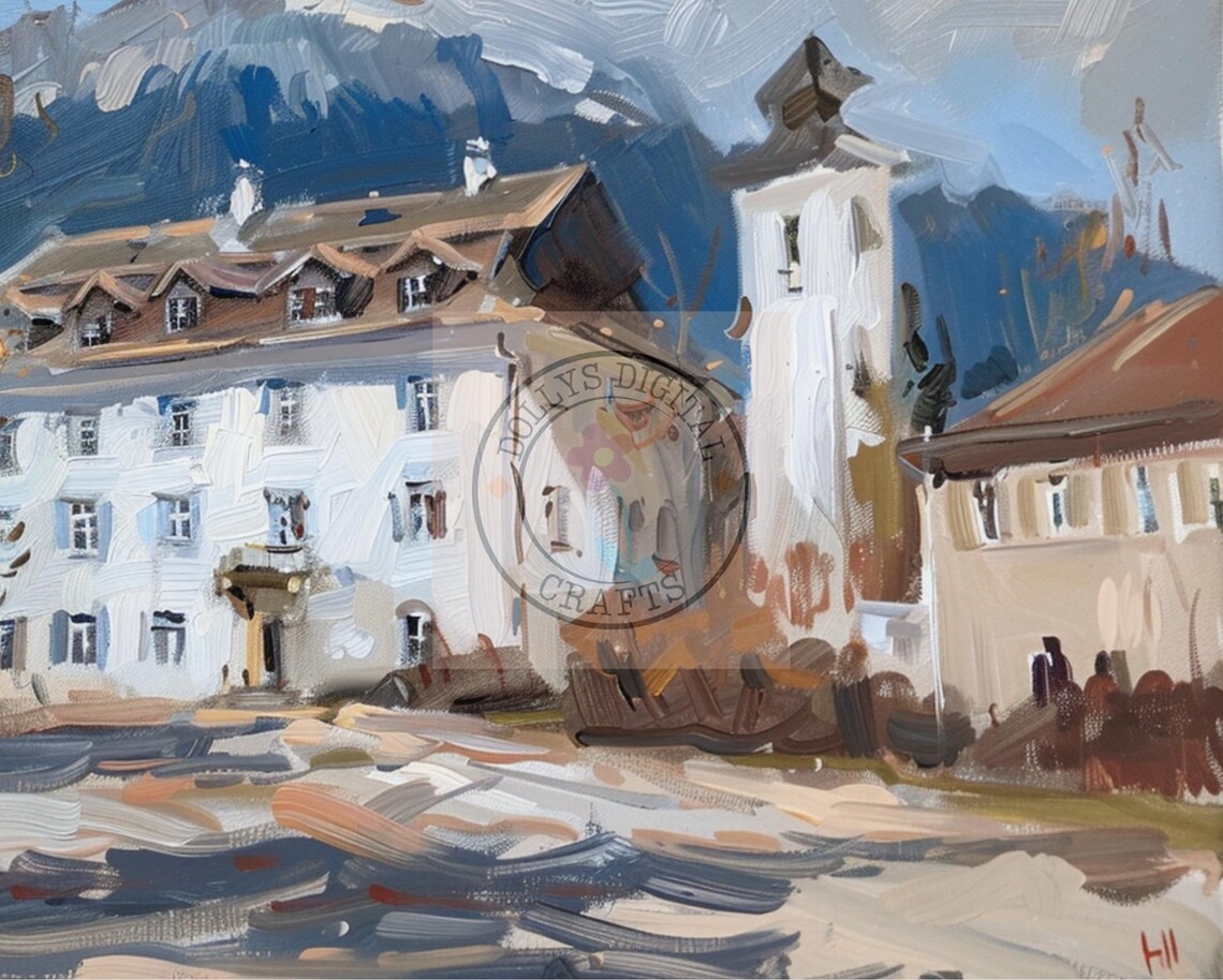 White Alpine Town Building Snowy Mountain Street Painting Poster - Image 4