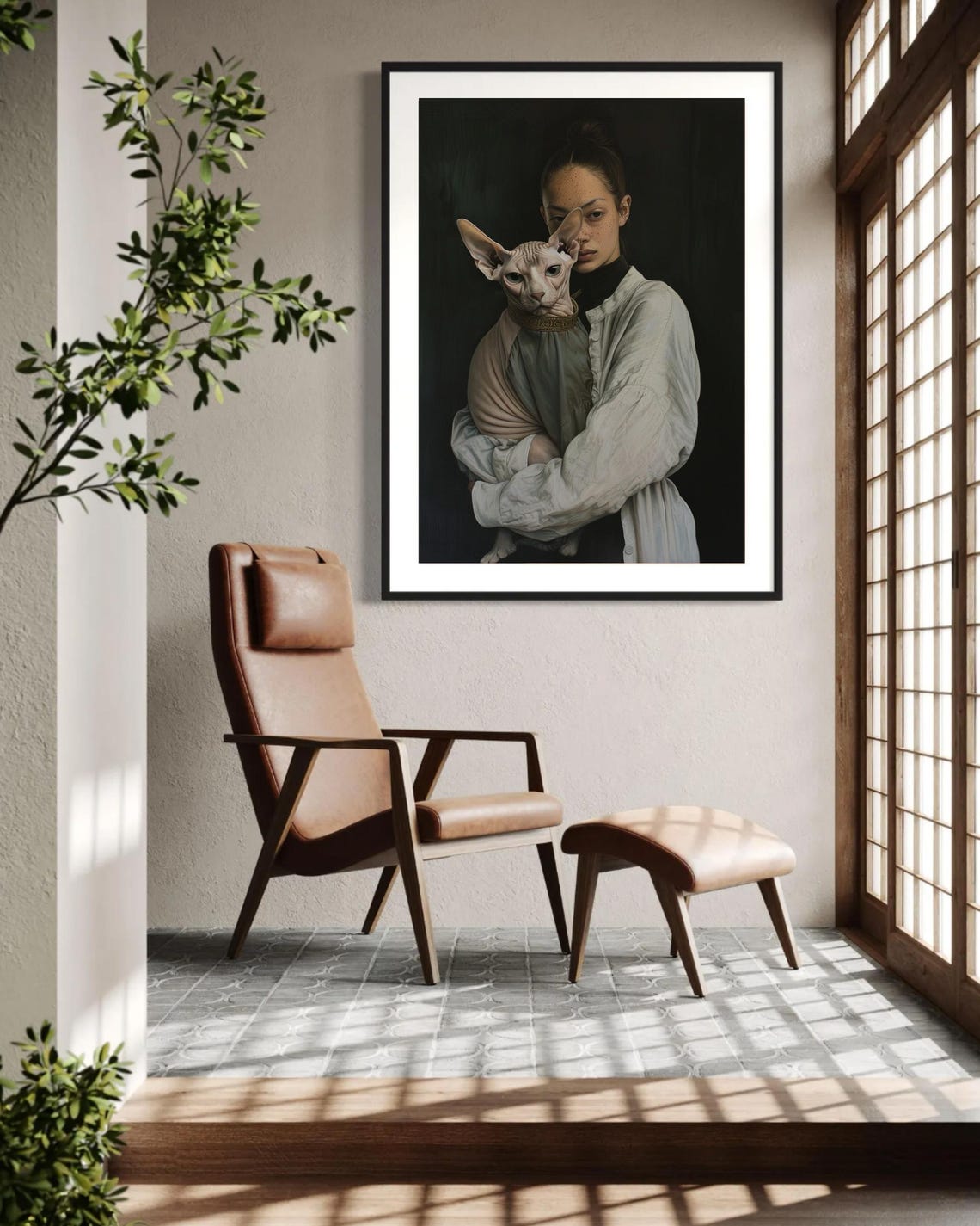 Moody Girl Holding Sphynx Cat Dark Oil Style Fine Art Poster - Image 2