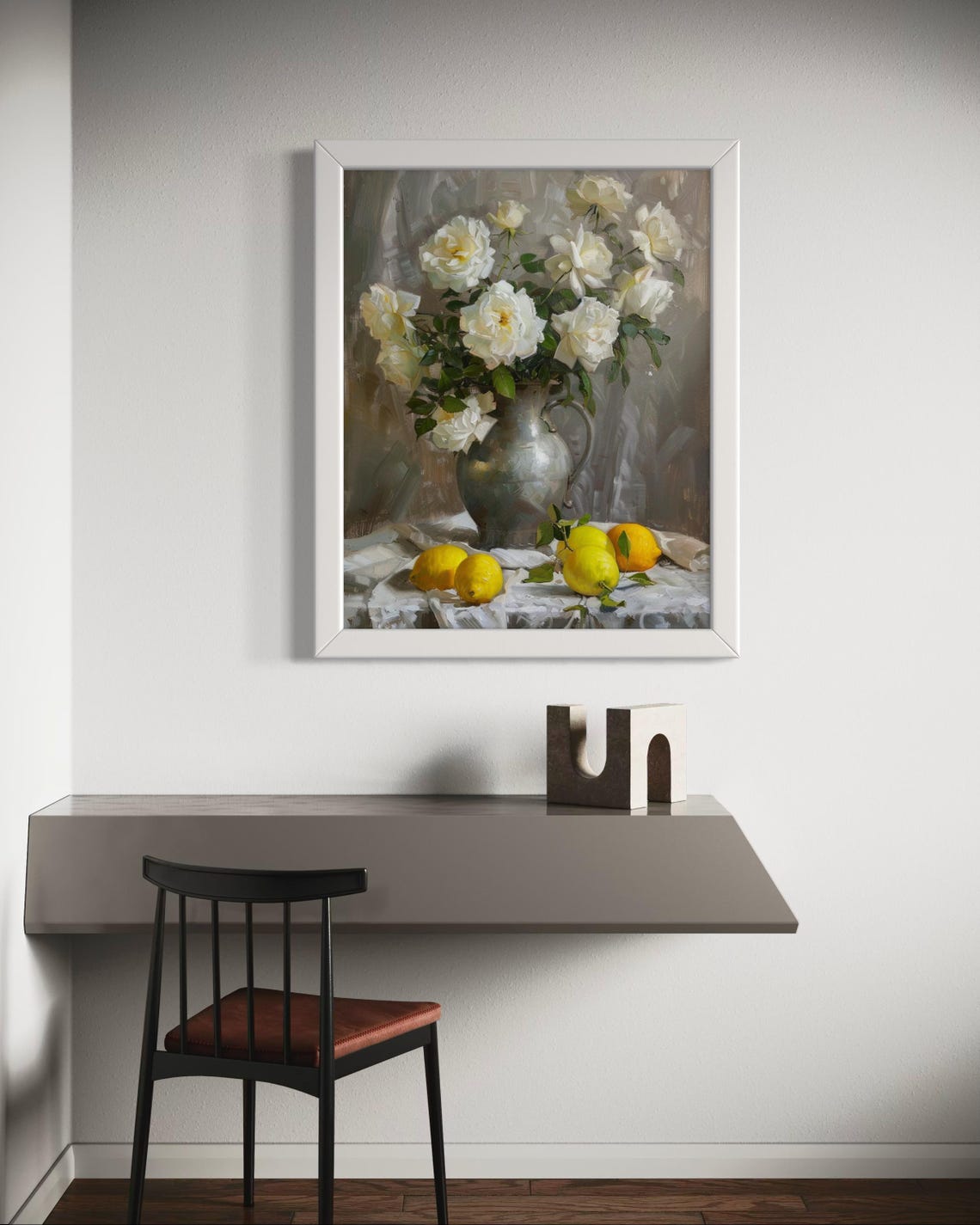 White Roses In Pitcher With Lemons Classic Still Life Art Poster - Image 7