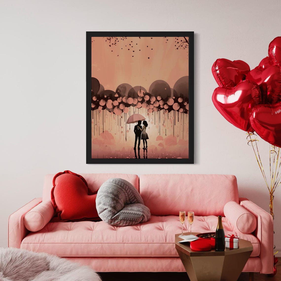 Couple Pink Umbrella Rain Silhouette Soft Romance Art Poster - Image 7