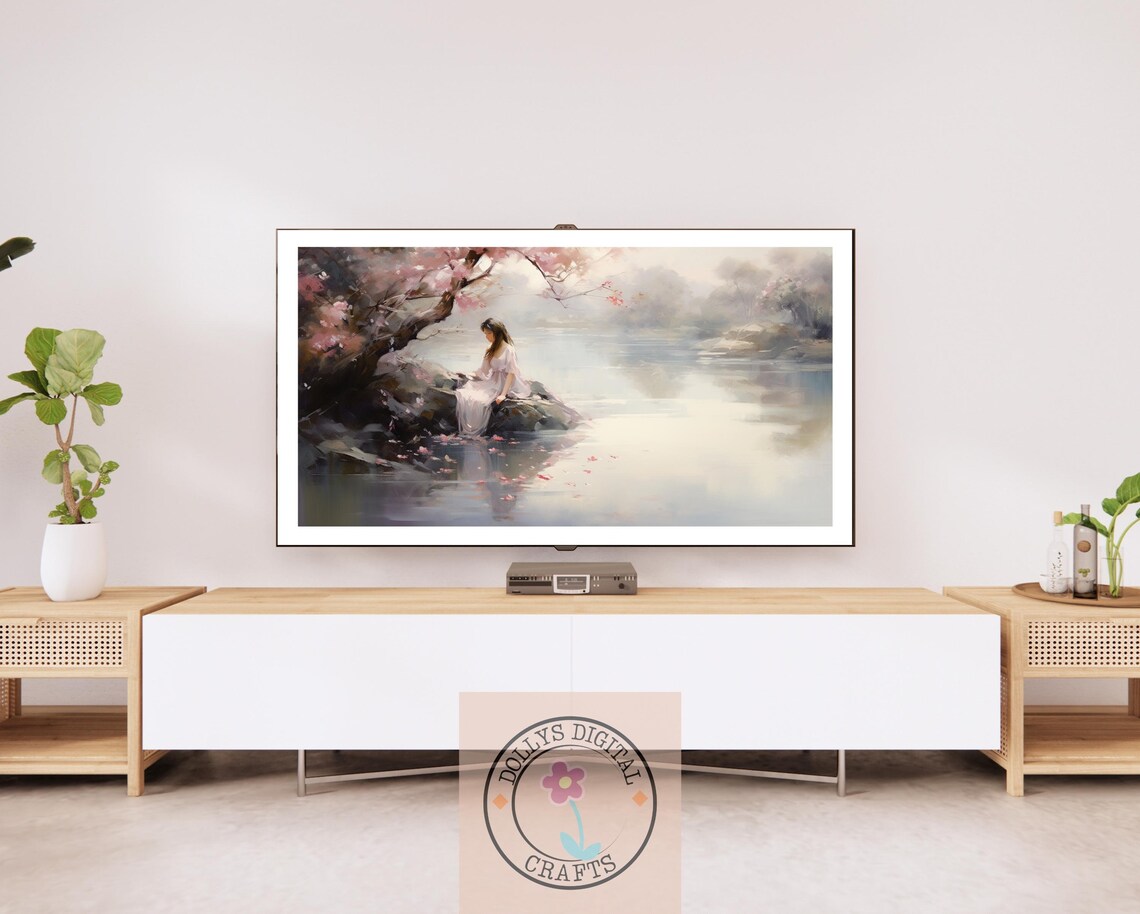 Woman Misty Lake Cherry Blossom Rocks Serene Calm Art Poster - Image 2