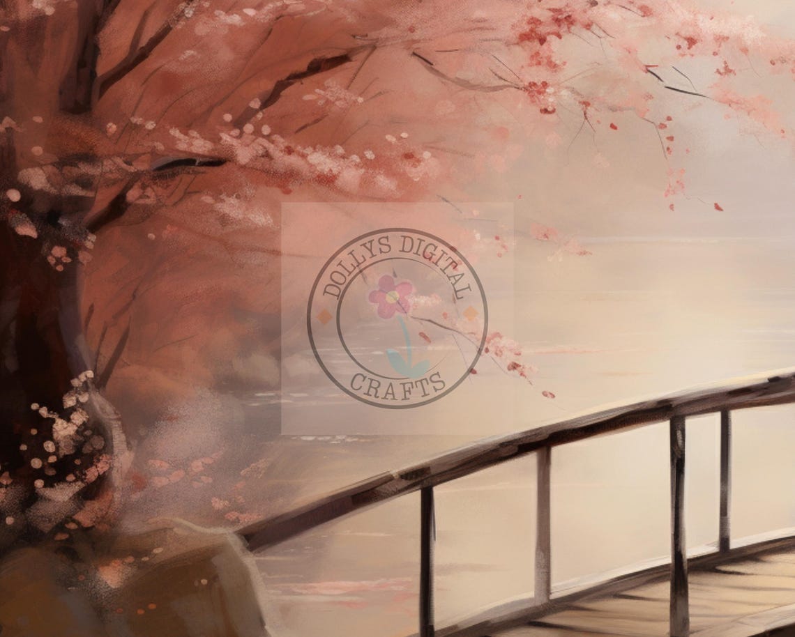 Woman Bridge Cherry Blossom Misty Lake Dreamy Calm Poster Home Decor - Image 5