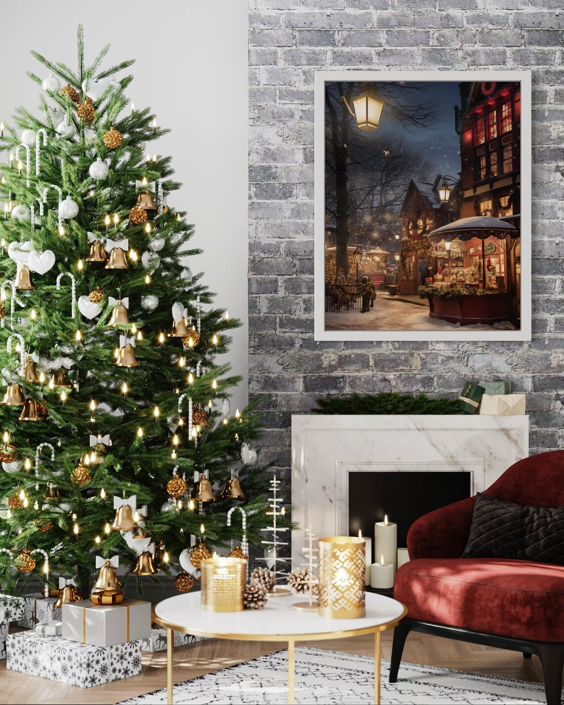 Victorian Christmas Market Snowy Street Night Festive Wall Art - Image 7