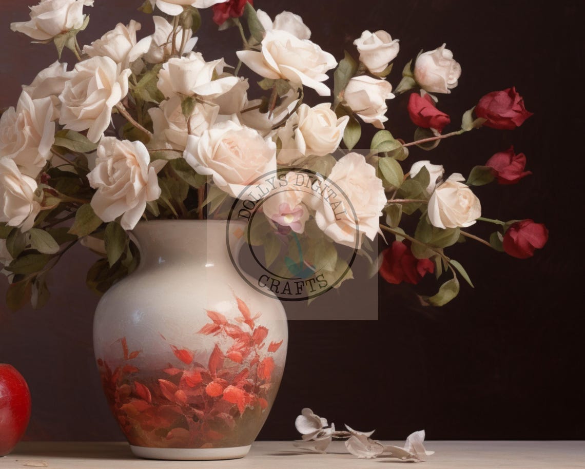 White Red Roses Painted Vase Still Life Dark Romantic Poster - Image 4