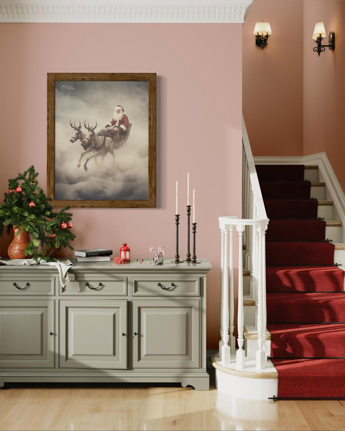 Santa Claus Flying Sleigh With Reindeer Dreamy Winter Sky Poster - Image 5
