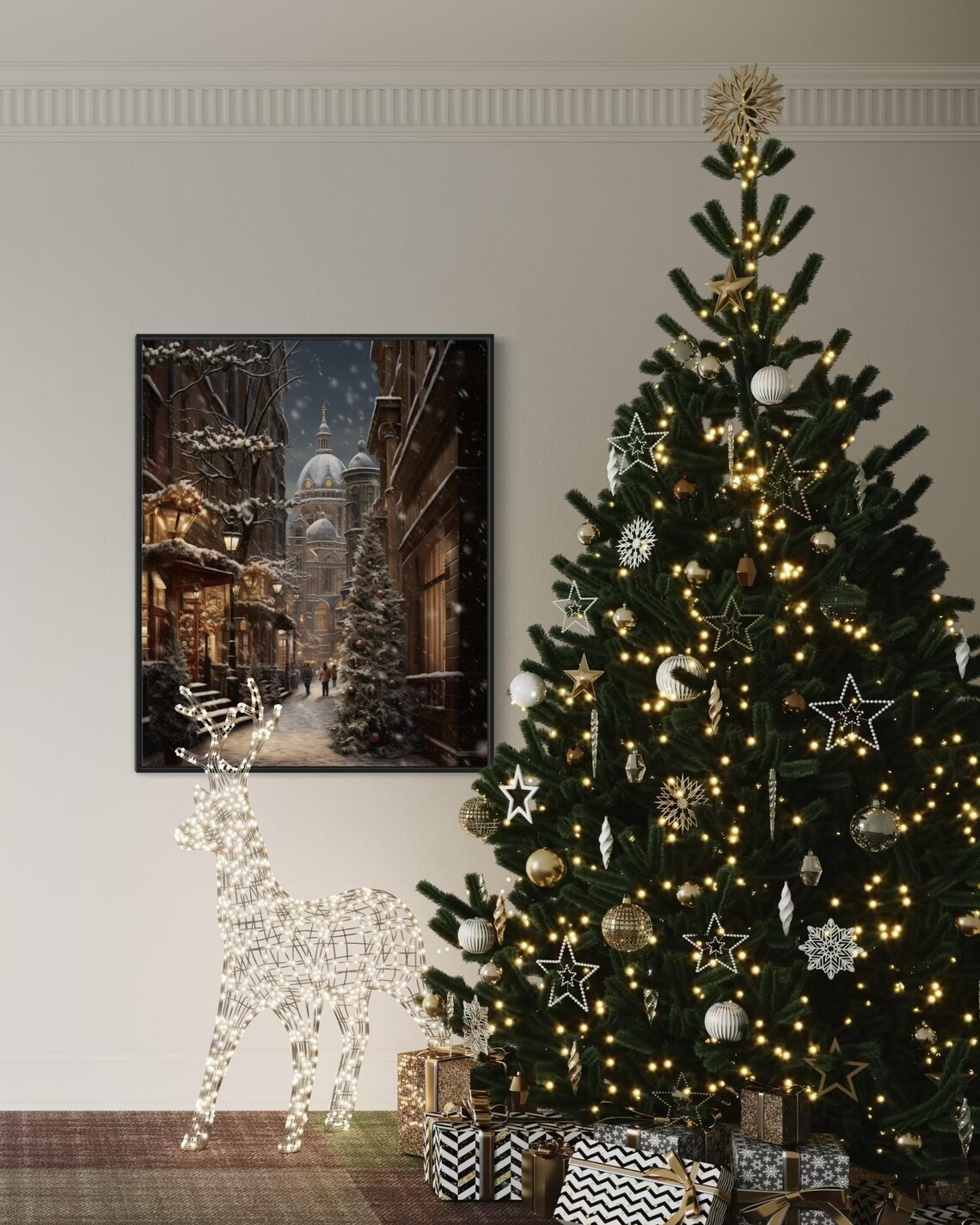 Snowy European Old Town Street Cathedral Christmas Night Scene Poster - Image 6