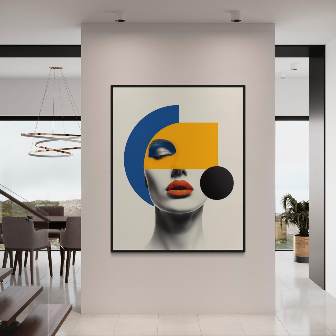 Abstract Grayscale Woman Face With Orange Lips and Blue Arc Art Poster - Image 2